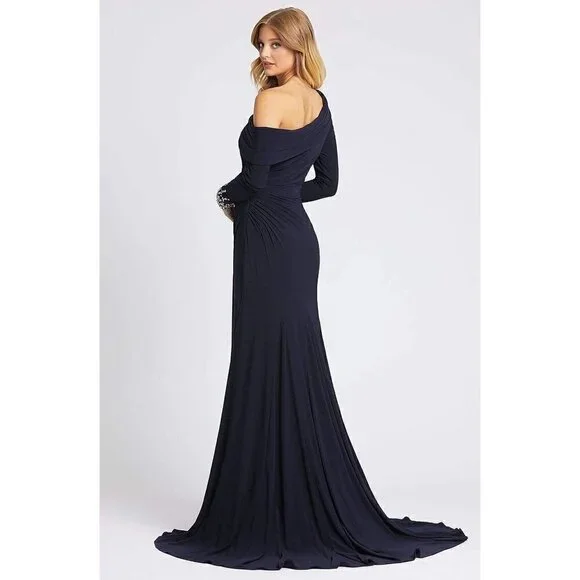 MAC DUGGAL One-Shoulder Long Sleeve Jersey Gown in Midnight Size US 14